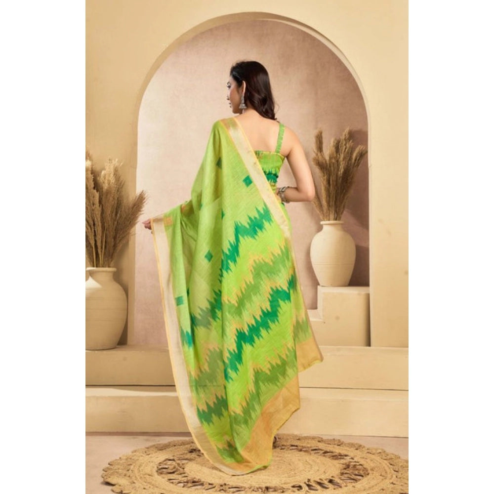Generic Women's Faux Linen Floral Print Ready to wear Saree With Unstitched Blouse 5.5Mtr (Green)