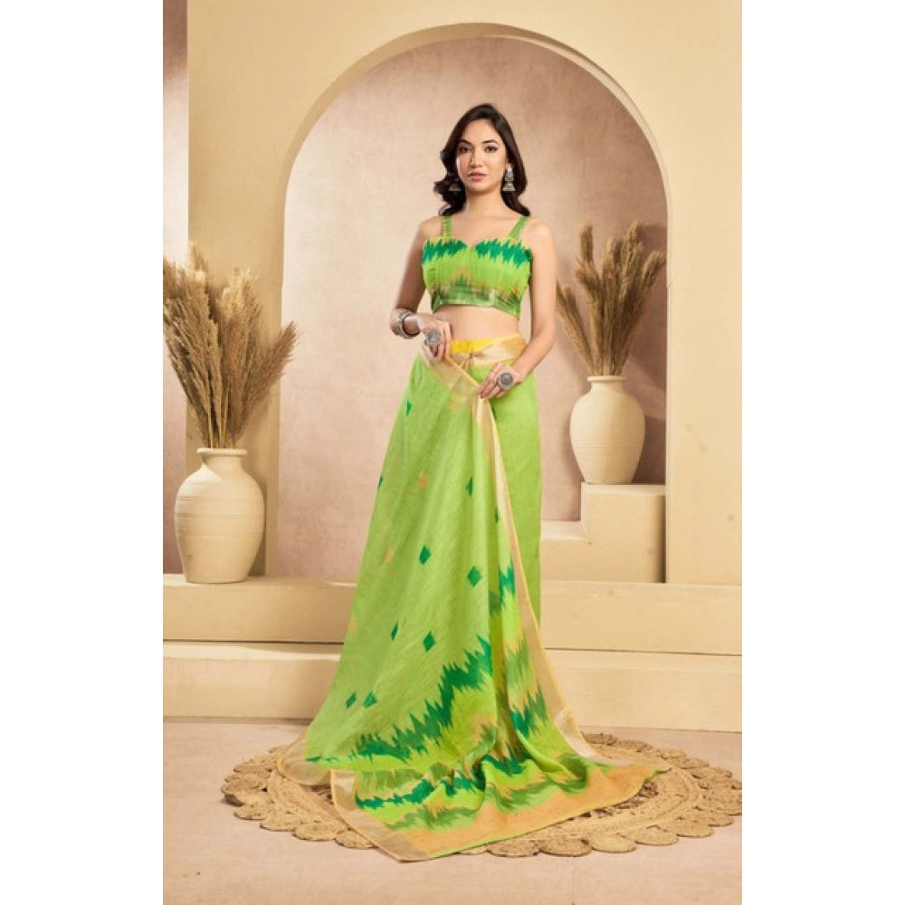 Generic Women's Faux Linen Floral Print Ready to wear Saree With Unstitched Blouse 5.5Mtr (Green)