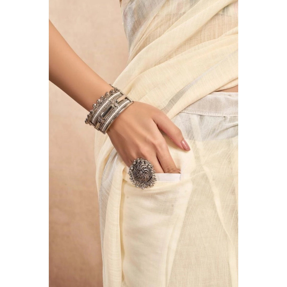 Generic Women's Faux Linen Floral Print Ready to wear Saree With Unstitched Blouse 5.5Mtr (Cream)