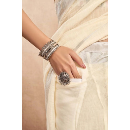 Generic Women's Faux Linen Floral Print Ready to wear Saree With Unstitched Blouse 5.5Mtr (Cream)