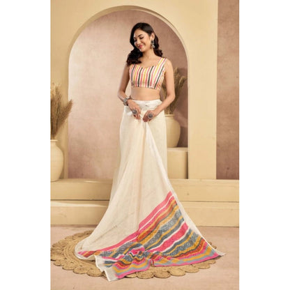 Generic Women's Faux Linen Floral Print Ready to wear Saree With Unstitched Blouse 5.5Mtr (Cream)