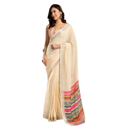 Generic Women's Faux Linen Floral Print Ready to wear Saree With Unstitched Blouse 5.5Mtr (Cream)