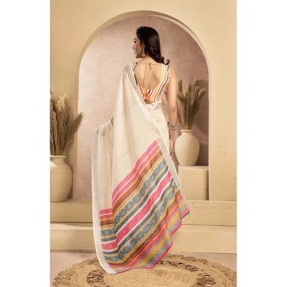 Generic Women's Faux Linen Floral Print Ready to wear Saree With Unstitched Blouse 5.5Mtr (Cream)