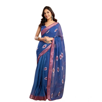 Generic Women's Faux Linen Printed Ready to wear Saree With Unstitched Blouse 5.5Mtr (Blue)