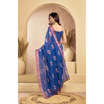 Generic Women's Faux Linen Printed Ready to wear Saree With Unstitched Blouse 5.5Mtr (Blue)