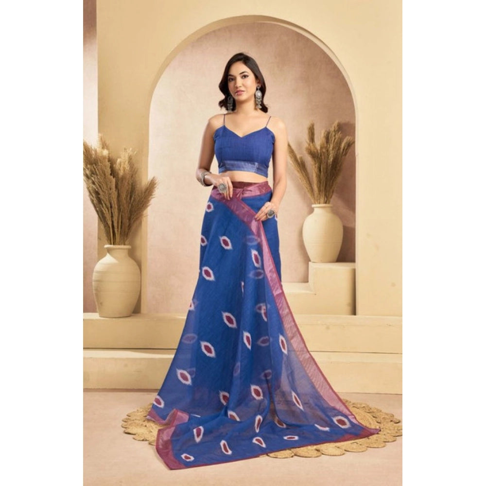 Generic Women's Faux Linen Printed Ready to wear Saree With Unstitched Blouse 5.5Mtr (Blue)