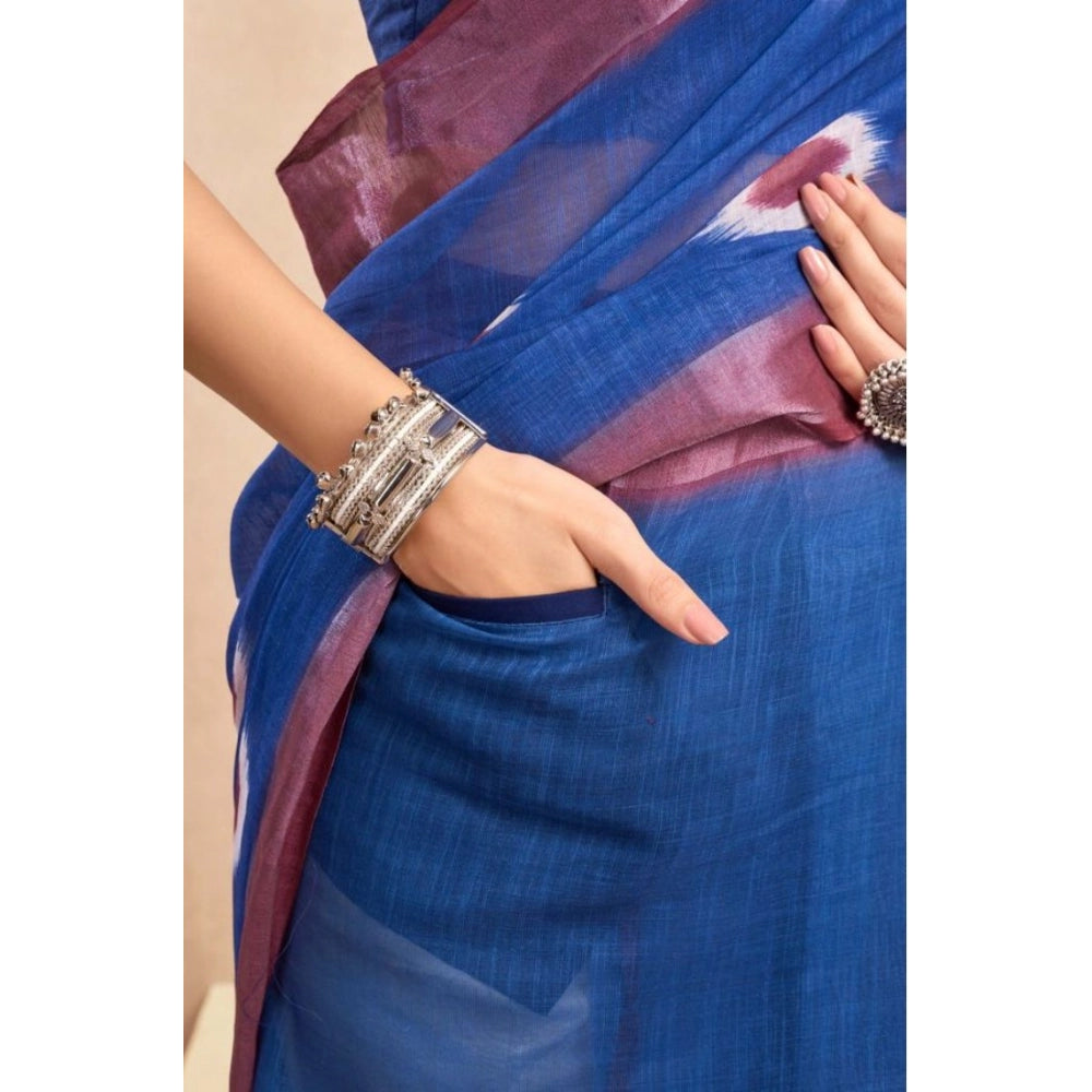 Generic Women's Faux Linen Printed Ready to wear Saree With Unstitched Blouse 5.5Mtr (Blue)