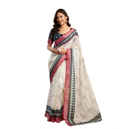 Generic Women's Faux Linen Floral Print Ready to wear Saree With Unstitched Blouse 5.5Mtr (OffWhite)