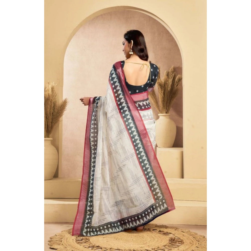 Generic Women's Faux Linen Floral Print Ready to wear Saree With Unstitched Blouse 5.5Mtr (OffWhite)