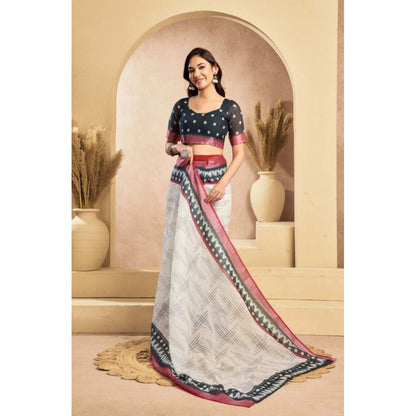 Generic Women's Faux Linen Floral Print Ready to wear Saree With Unstitched Blouse 5.5Mtr (OffWhite)