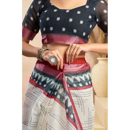 Generic Women's Faux Linen Floral Print Ready to wear Saree With Unstitched Blouse 5.5Mtr (OffWhite)