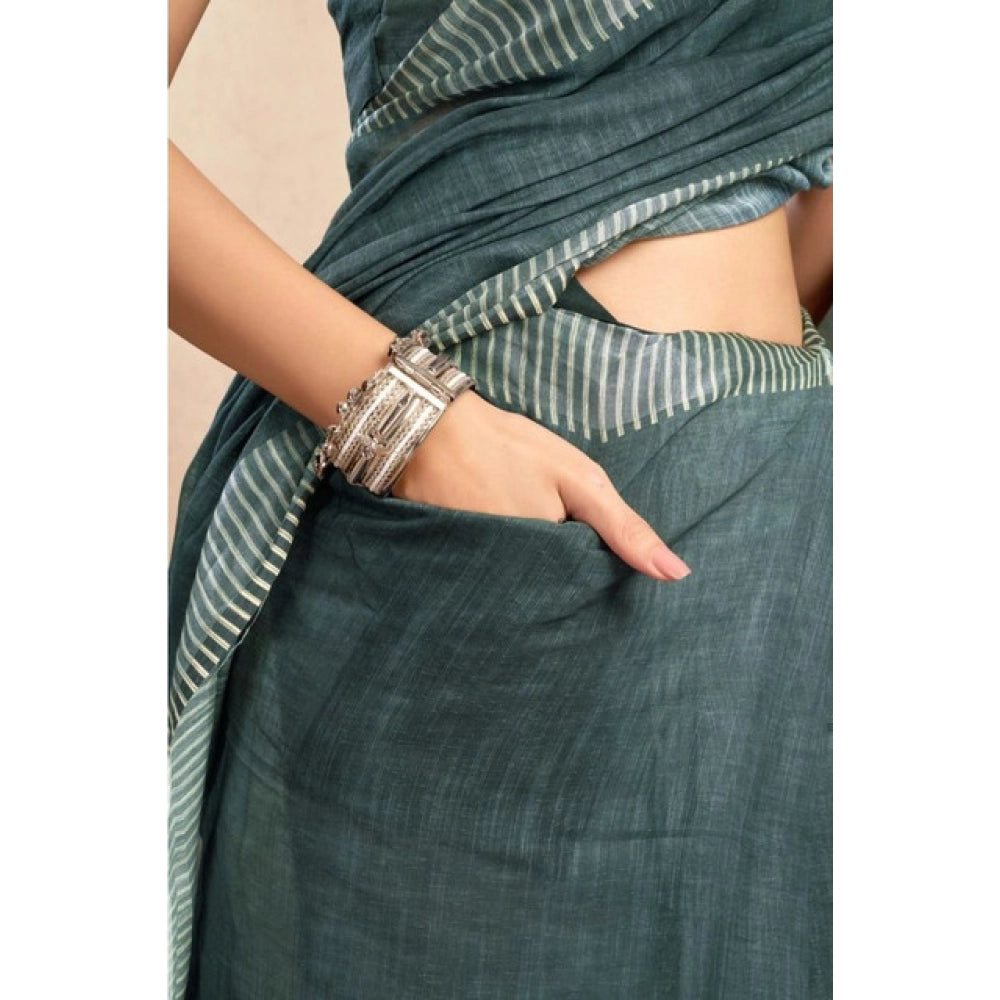 Generic Women's Faux Linen Floral Ready to wear Saree With Unstitched Blouse 5.5Mtr (Light_Teal)