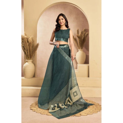 Generic Women's Faux Linen Floral Ready to wear Saree With Unstitched Blouse 5.5Mtr (Light_Teal)