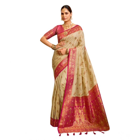 Generic Women's Silk Blend Booti Work Ready to wear Saree With Unstitched Blouse 5.5Mtr (LightBeige)