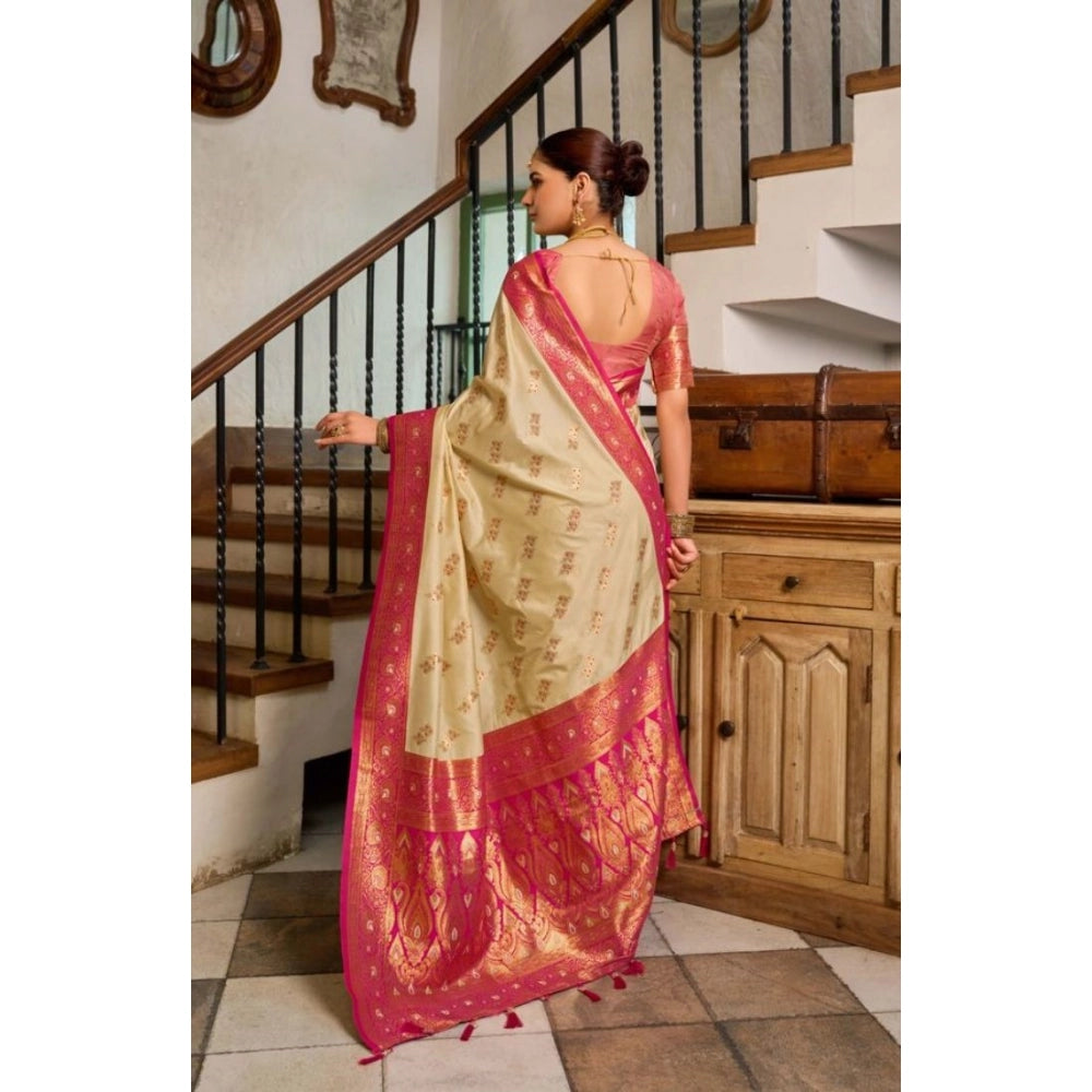 Generic Women's Silk Blend Booti Work Ready to wear Saree With Unstitched Blouse 5.5Mtr (LightBeige)