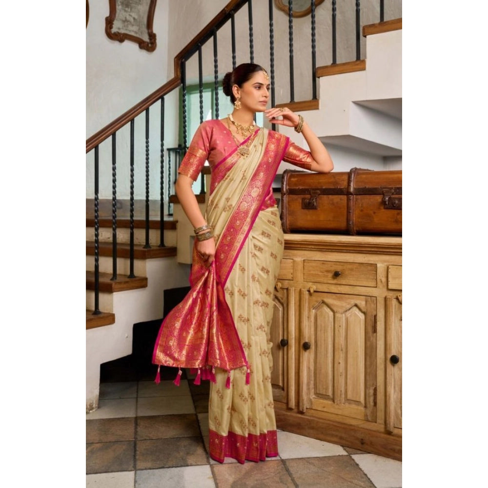 Generic Women's Silk Blend Booti Work Ready to wear Saree With Unstitched Blouse 5.5Mtr (LightBeige)