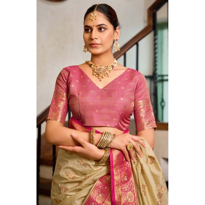 Generic Women's Silk Blend Booti Work Ready to wear Saree With Unstitched Blouse 5.5Mtr (LightBeige)