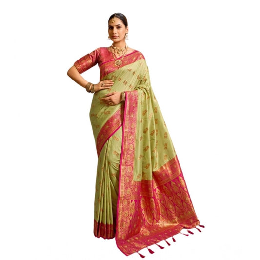 Generic Women's Silk Blend Booti Work Ready to wear Saree With Unstitched Blouse 5.5Mtr (Green)