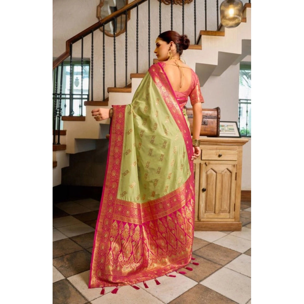 Generic Women's Silk Blend Booti Work Ready to wear Saree With Unstitched Blouse 5.5Mtr (Green)