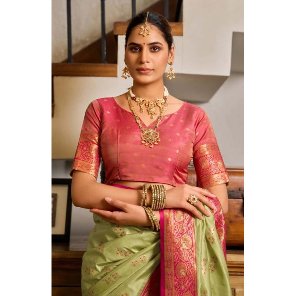 Generic Women's Silk Blend Booti Work Ready to wear Saree With Unstitched Blouse 5.5Mtr (Green)