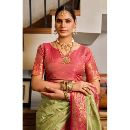 Generic Women's Silk Blend Booti Work Ready to wear Saree With Unstitched Blouse 5.5Mtr (Green)