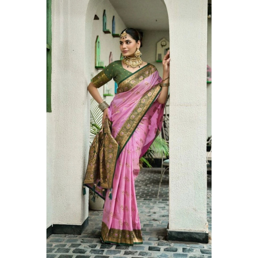 Generic Women's Silk Blend Booti Work Ready to wear Saree With Unstitched Blouse 5.5Mtr (LightPink)