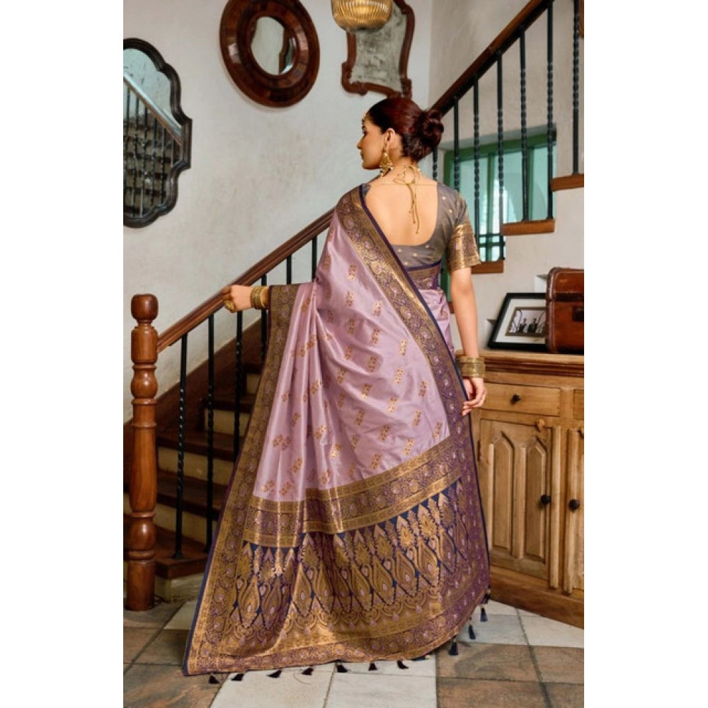 Generic Women's Silk Blend Booti Work Ready to wear Saree With Unstitched Blouse 5.5Mtr (Lavender)