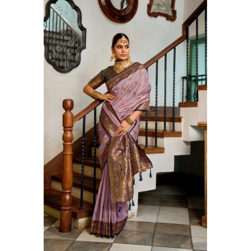 Generic Women's Silk Blend Booti Work Ready to wear Saree With Unstitched Blouse 5.5Mtr (Lavender)