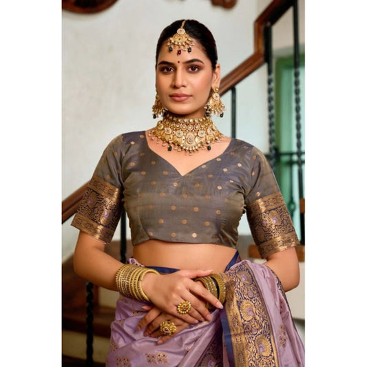 Generic Women's Silk Blend Booti Work Ready to wear Saree With Unstitched Blouse 5.5Mtr (Lavender)