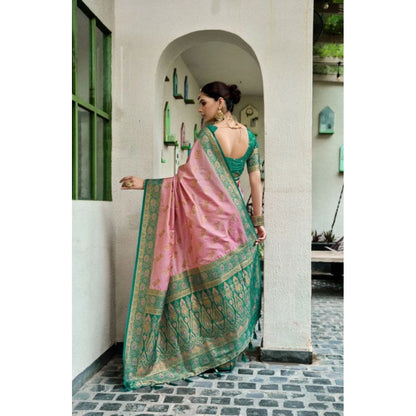 Generic Women's Silk Blend Booti Work Ready to wear Saree With Unstitched Blouse 5.5Mtr (Peach)