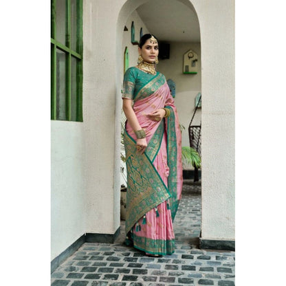 Generic Women's Silk Blend Booti Work Ready to wear Saree With Unstitched Blouse 5.5Mtr (Peach)