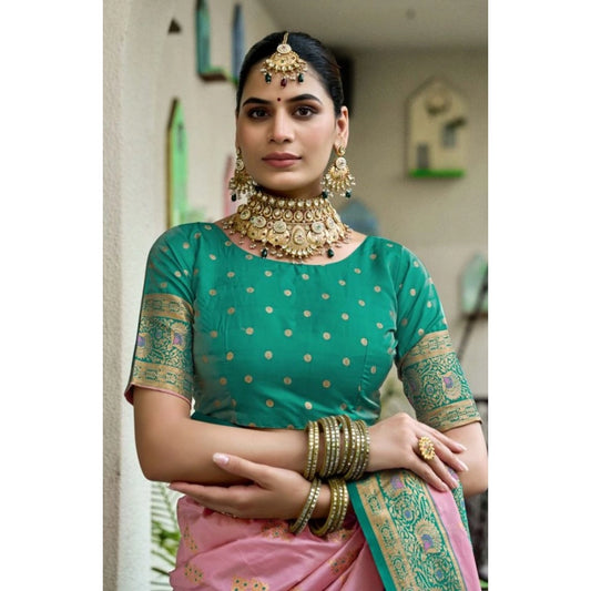 Generic Women's Silk Blend Booti Work Ready to wear Saree With Unstitched Blouse 5.5Mtr (Peach)