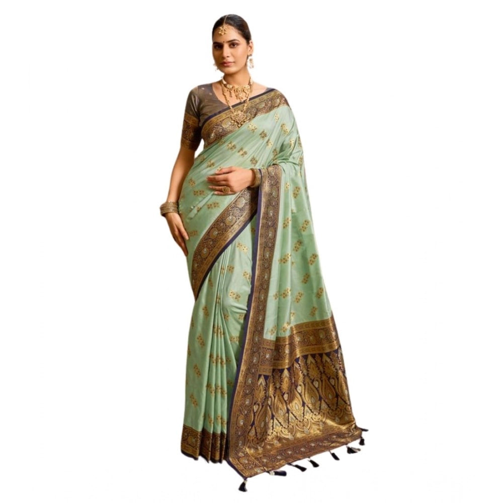 Generic Women's Silk Blend Booti Work Ready to wear Saree With Unstitched Blouse 5.5Mtr (SeaGreen)