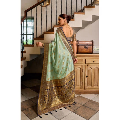 Generic Women's Silk Blend Booti Work Ready to wear Saree With Unstitched Blouse 5.5Mtr (SeaGreen)
