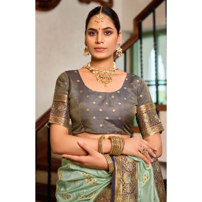 Generic Women's Silk Blend Booti Work Ready to wear Saree With Unstitched Blouse 5.5Mtr (SeaGreen)