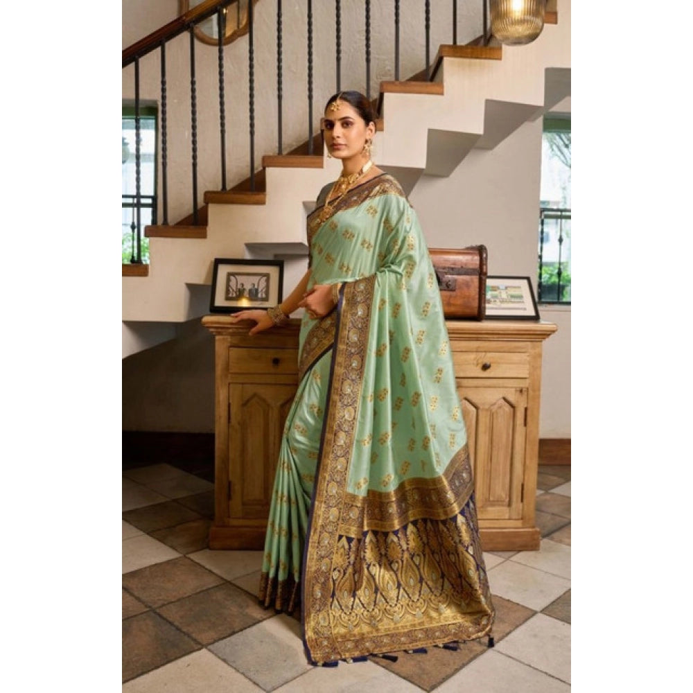 Generic Women's Silk Blend Booti Work Ready to wear Saree With Unstitched Blouse 5.5Mtr (SeaGreen)