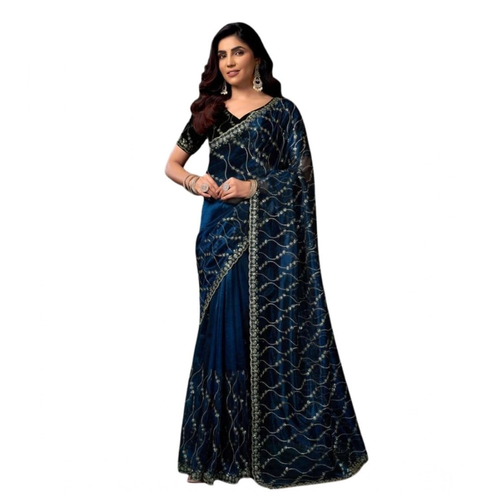 Generic Women's Net Sequence Saree With Unstitched Blouse 5.5Mtr (Blue)