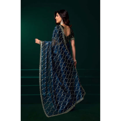Generic Women's Net Sequence Saree With Unstitched Blouse 5.5Mtr (Blue)