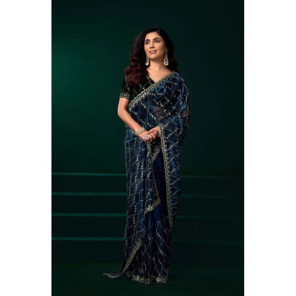 Generic Women's Net Sequence Saree With Unstitched Blouse 5.5Mtr (Blue)
