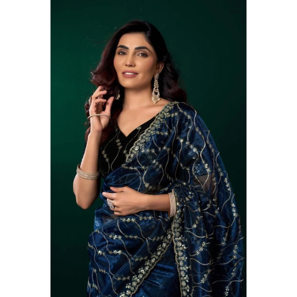 Generic Women's Net Sequence Saree With Unstitched Blouse 5.5Mtr (Blue)