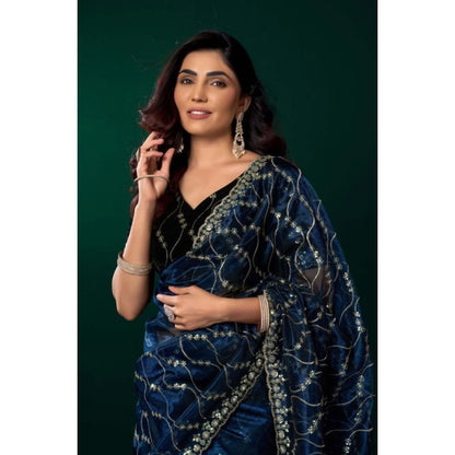 Generic Women's Net Sequence Saree With Unstitched Blouse 5.5Mtr (Blue)