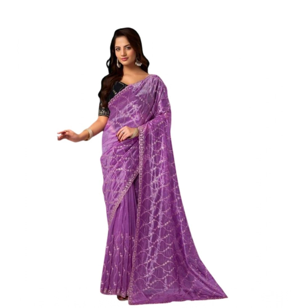 Generic Women's Net Sequence Saree With Unstitched Blouse 5.5Mtr (Lavender)