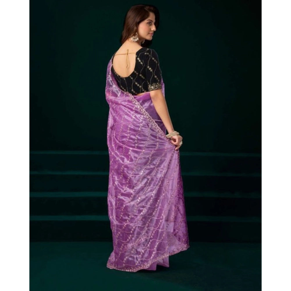 Generic Women's Net Sequence Saree With Unstitched Blouse 5.5Mtr (Lavender)
