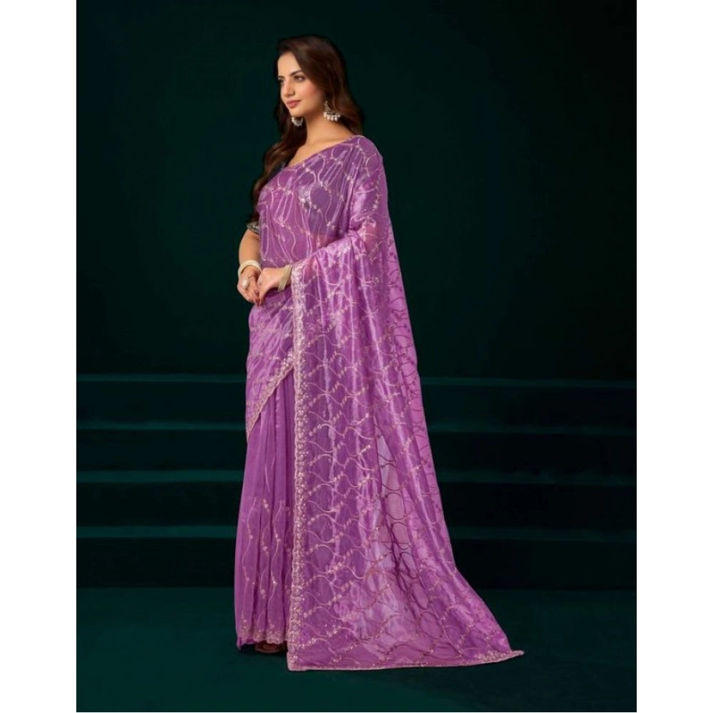 Generic Women's Net Sequence Saree With Unstitched Blouse 5.5Mtr (Lavender)