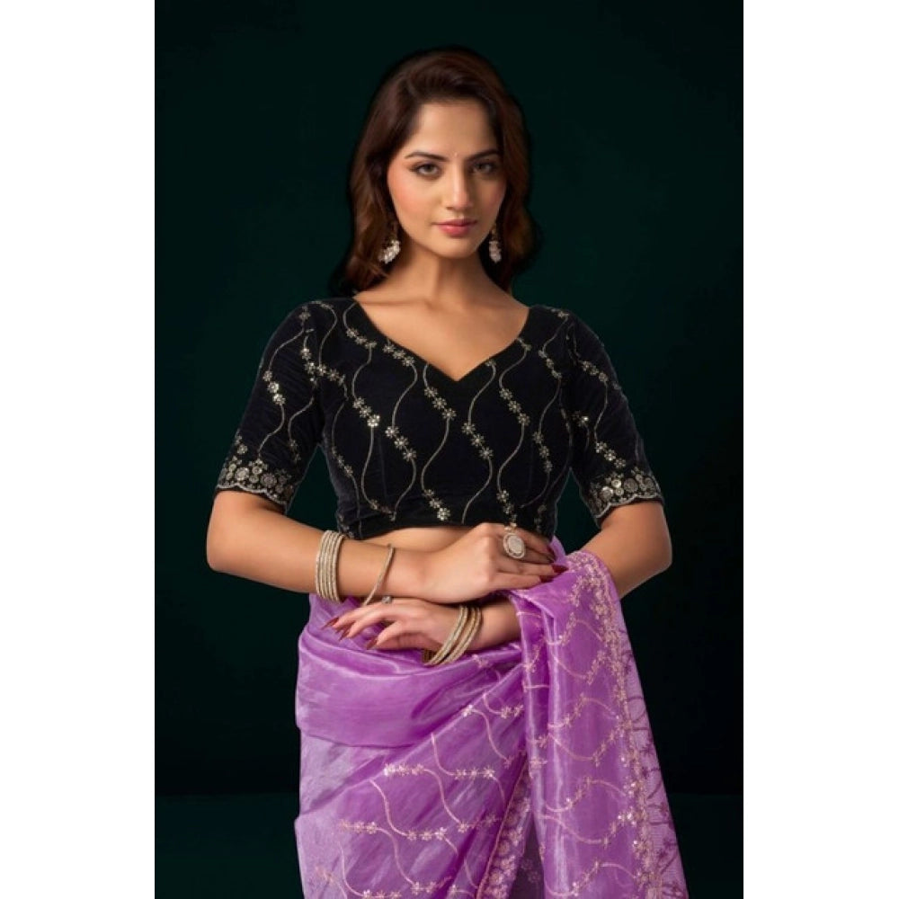 Generic Women's Net Sequence Saree With Unstitched Blouse 5.5Mtr (Lavender)