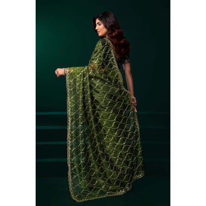 Generic Women's Net Sequence Saree With Unstitched Blouse 5.5Mtr (Light Green)