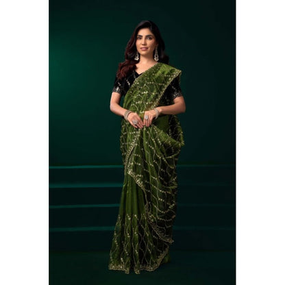 Generic Women's Net Sequence Saree With Unstitched Blouse 5.5Mtr (Light Green)