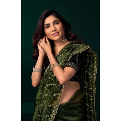 Generic Women's Net Sequence Saree With Unstitched Blouse 5.5Mtr (Light Green)