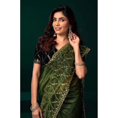 Generic Women's Net Sequence Saree With Unstitched Blouse 5.5Mtr (Light Green)