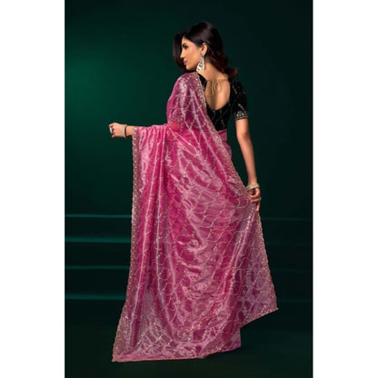 Generic Women's Net Sequence Saree With Unstitched Blouse 5.5Mtr (Light Pink)